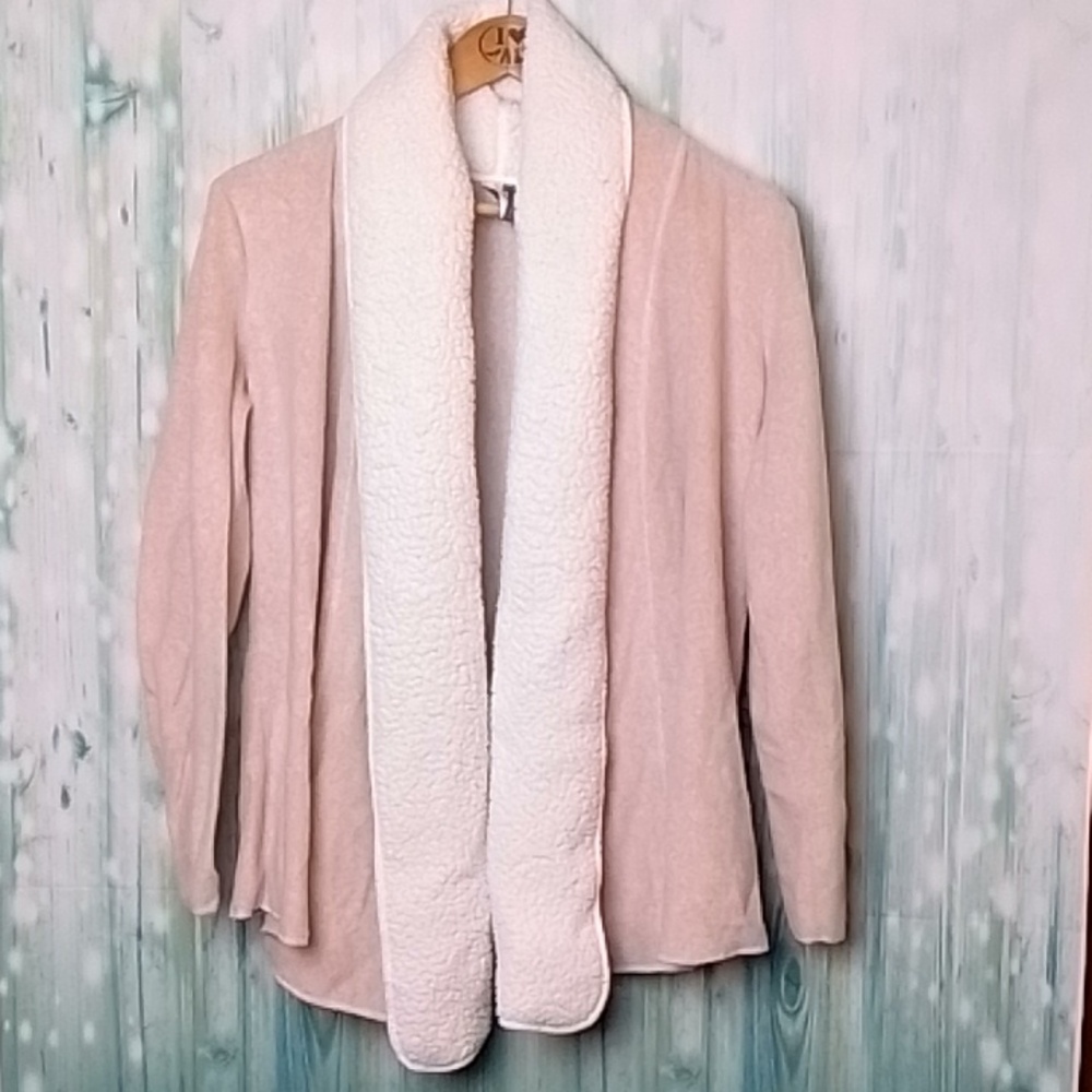 Jaclyn Intimates Sherpa Trim Open Cardigan Long Sleeve Peachy Pink & White Large